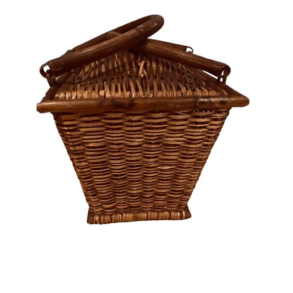 Antique Picnic Basket Woven Wood Wicker Market Handle Primitive Handmade Shoppin - Picture 5 of 6